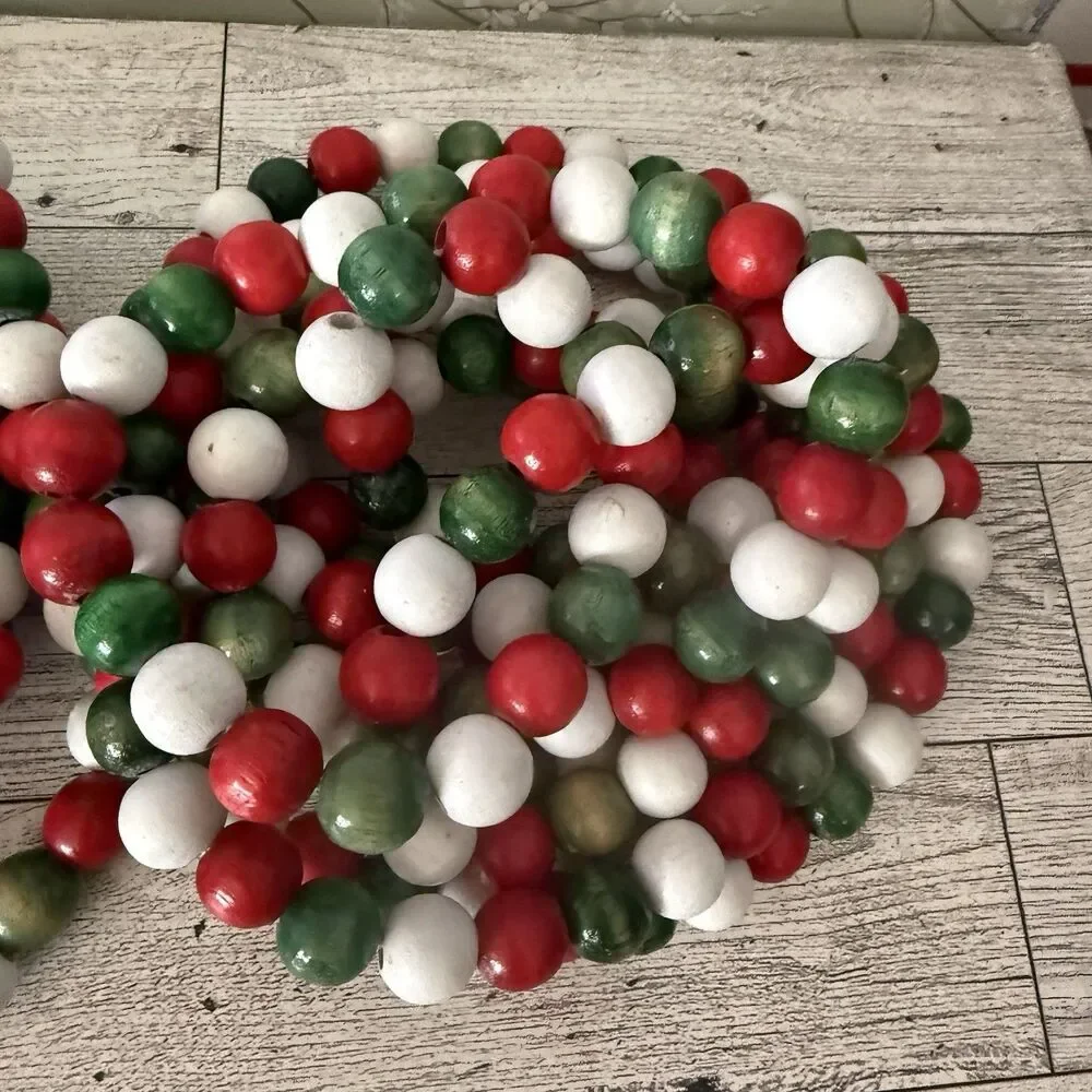 Vintage 9 ft WOODEN BEAD Christmas Tree Garland Strands Red Green White LOT OF 2